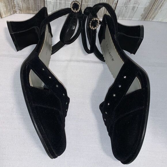 Vintage 90’s Black Velvet Square Toe Ankle Strap Chunky Heels Size 9 - Picture 10 of 16